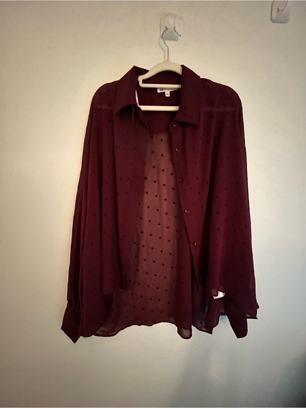Semi Sheer oversized Burgundy Polka Dot Button-Up Blouse - Women’s Large